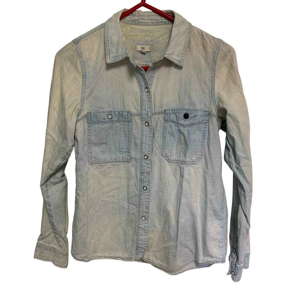 Madewell Women's Light Wash Cotton Denim Faded Button Up Shirt Size Small